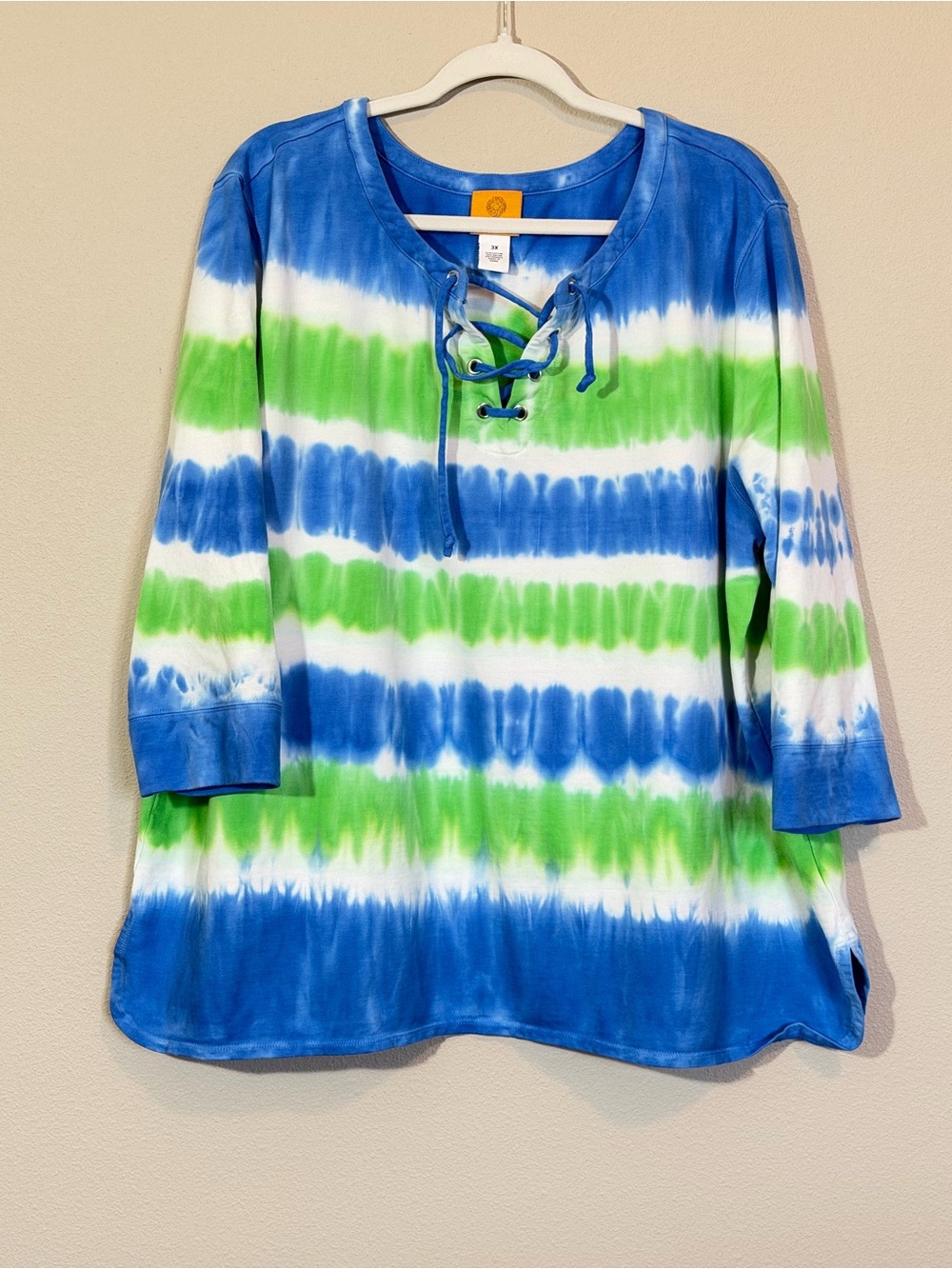 Ruby Rd. Blue, Green & White Tie-Dye Lace-Up Tunic Top, size 3X